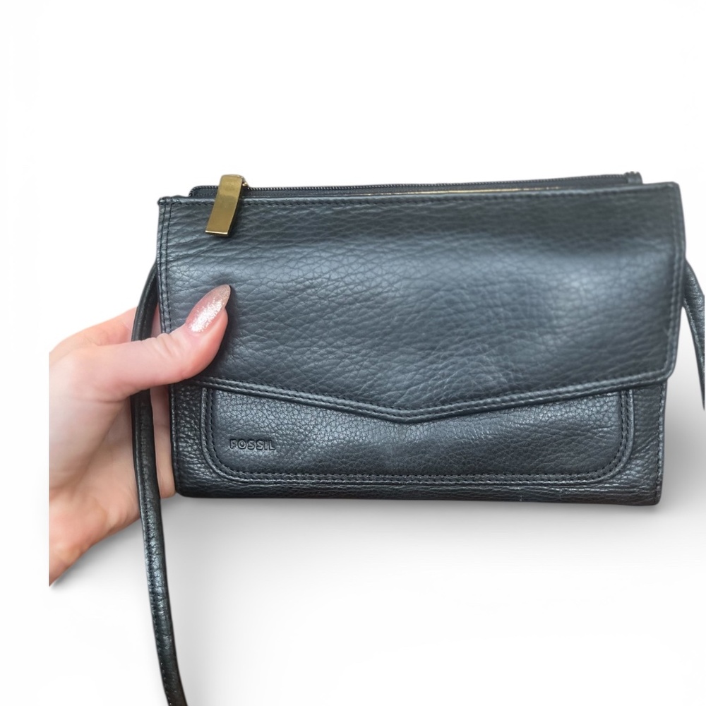 Fossil Black Leather Tri-Fold Wallet Purse EUC